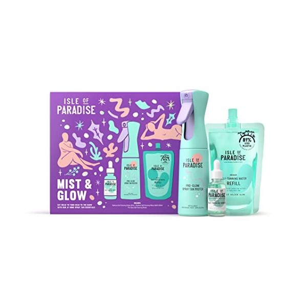 Isle of Paradise Kit brume et lueur 2022 – Gouttes vertes de 30 ml, recharge deau verte de 200 ml, brume Pro Glow Mister