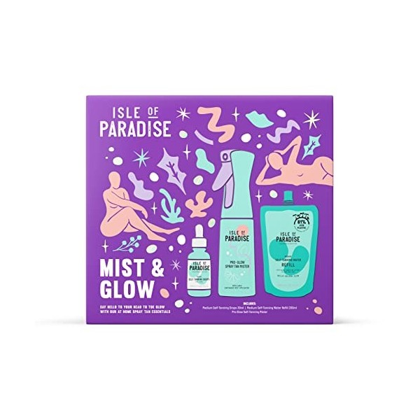 Isle of Paradise Kit brume et lueur 2022 – Gouttes vertes de 30 ml, recharge deau verte de 200 ml, brume Pro Glow Mister