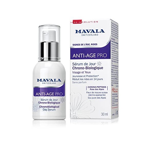 Mavala - Sérum de Jour Chrono-Biologique Anti-Âge Pro - Soin Visage et Yeux - Jeunesse et Protection - Réduit les Rides en 14