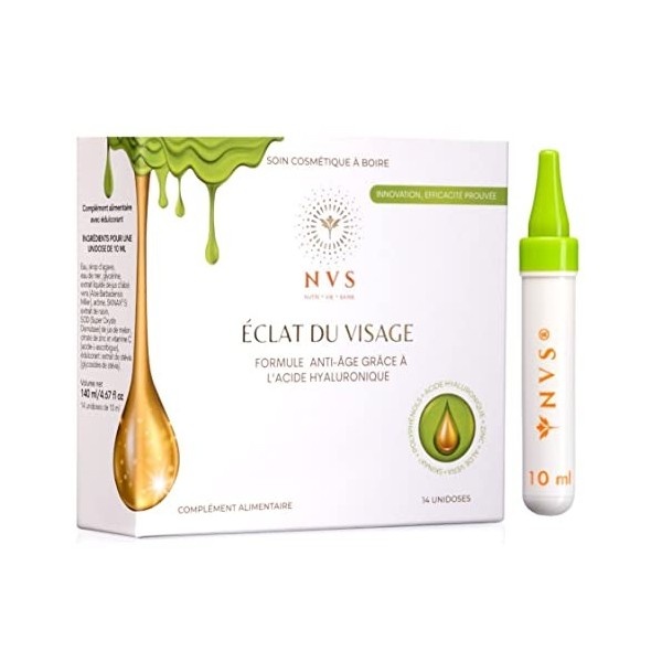 ÉCLAT DU VISAGE FORMULE ANTI-ÂGE GRÂCE Á LACIDE HYALURONIQUE ACTIFS 100% NATURELS 14 UNIDOSES/10ML NUTRI-COSMÉTIQUE À BOIRE 