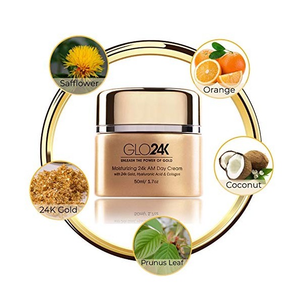 GLO24K Crème de jour hydratante à lor 24k, anti-âge aux vitamines, acide hyaluronique, collagène