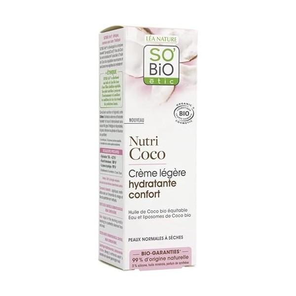 SOBIO - Crème légère nourrissante à la noix de coco - 50mL - Soin visage hydratant et apaisant - Pour une peau souple et écl