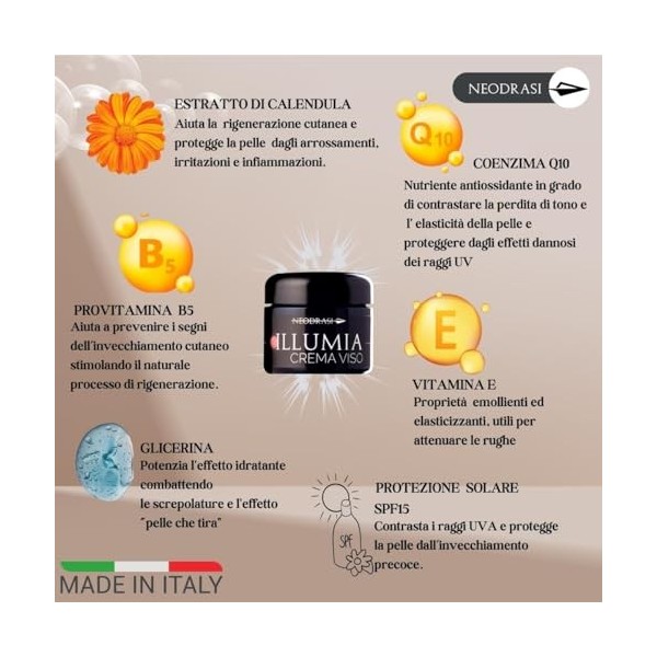 Neodrasi Crème Visage Illumia Anti-Âge Hydratante et Régénérante avec Coenzyme Q10, Collagène Marin et Vitamine E, Protection