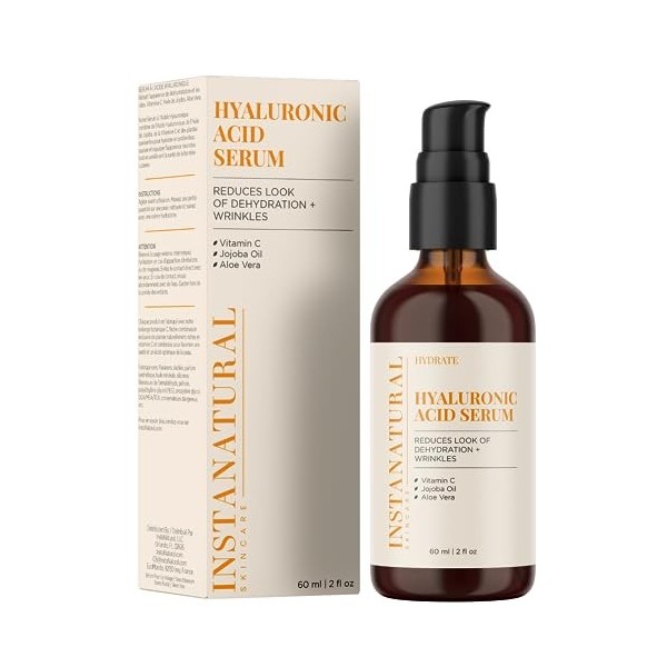 InstaNatural Sérum dacide hyaluronique spécial peau sèche visage - Avec vitamine C, ingrédients bio et naturels anti rides, 