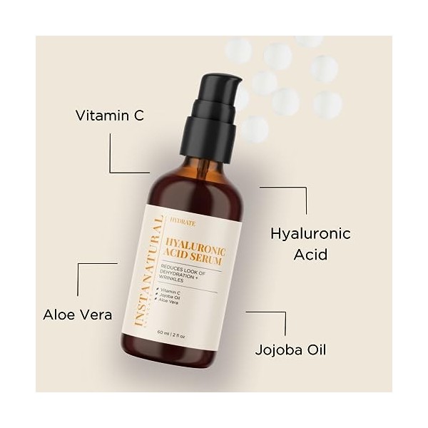 InstaNatural Sérum dacide hyaluronique spécial peau sèche visage - Avec vitamine C, ingrédients bio et naturels anti rides, 