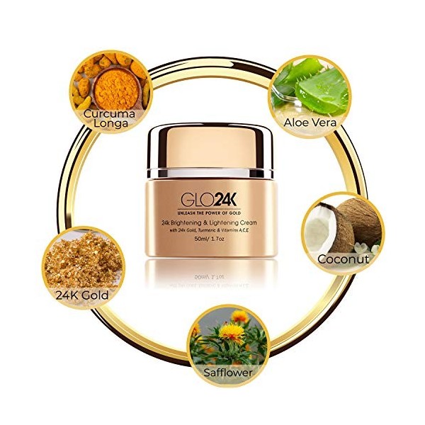 GLO24K Crème Éclaircissante et Éclaircissante à lOr 24 Carats, Curcuma & Vitamines A, C, E