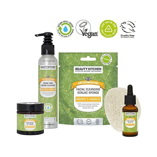 Beauty Kitchen Abyssinian Oil Complete Hydra Boost Kit for Face with Organic Ultra-Hydrating Plant Seed Oils - Vegan Day Crea