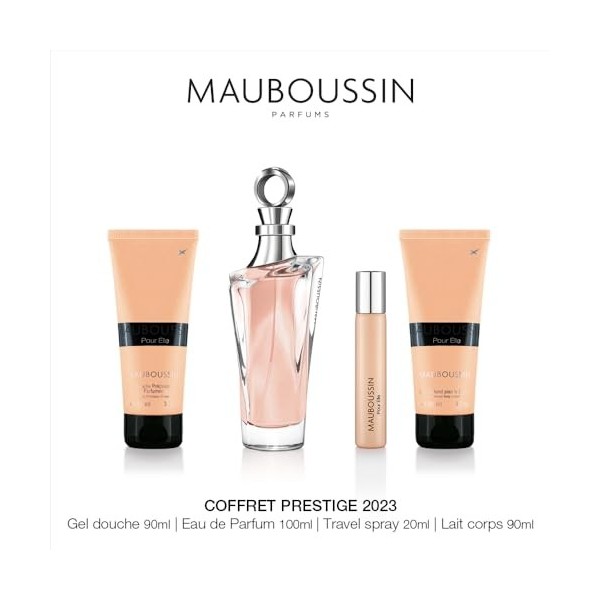 Mauboussin - Coffret Prestige 2023 Pour Elle : Eau de Parfum 100ml, Gel Douche 90ml, Lait Corps 90ml & Travel Spray 20ml