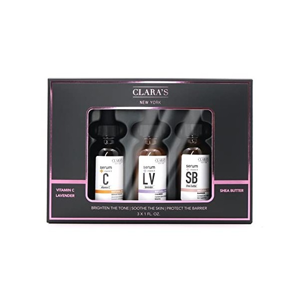 Claras New York Brighten the Tone Soothe the Skin Protect the Barrier Three Full Size Serums in Vitamin C Lavender and Shea 