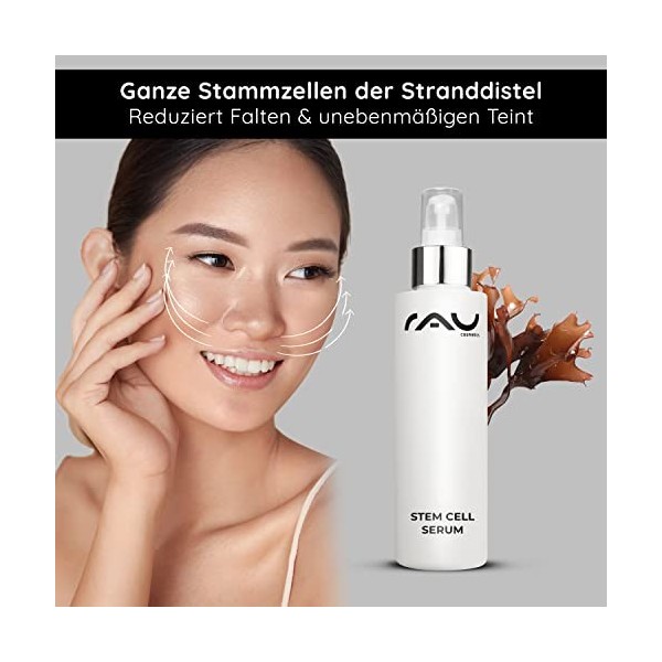 RAU Cosmetics Sérum anti-âge Stem Cell 100 ml – Sérum anti-âge pour le visage avec de véritables cellules souches végétales, 