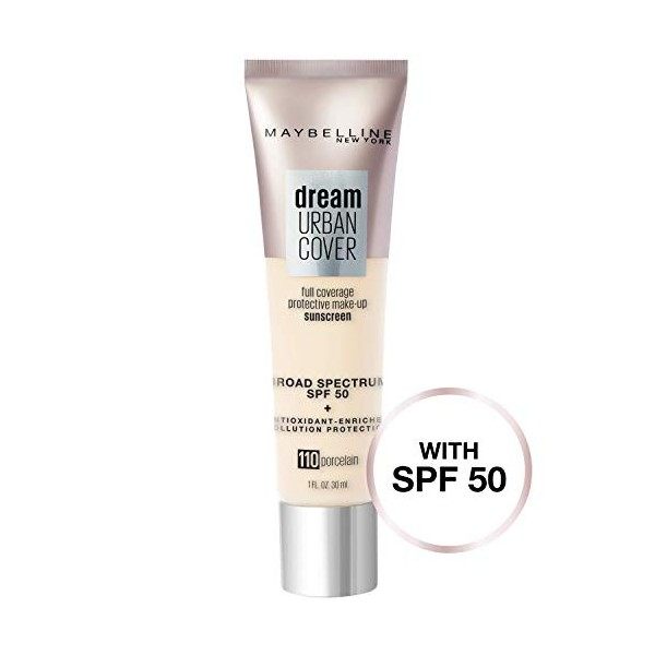 Maybelline Dream Urban Cover Flawless Coverage Protective Makeup, Liquid Foundation, Sunscreen, with Broad Spectrum SPF 50 & 