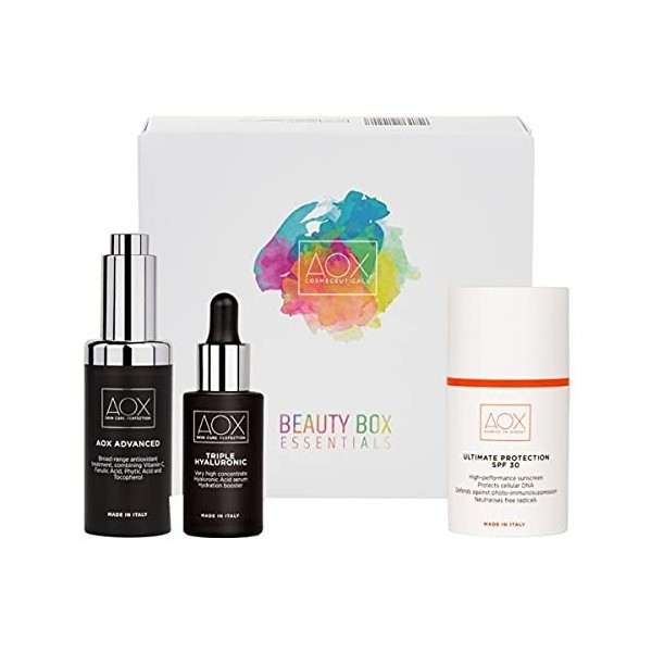 Aox Beauty box essentials - Coffret de beauté - Sérum anti-oxydant 15 % - Sérum dAcide Hyaluronique pur - Triple protection 