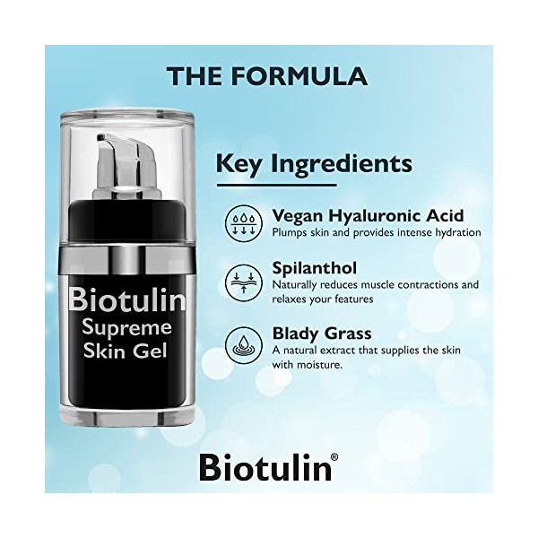 Biotulin Supreme Skin Gel 15ml [Lot de 2 flacons] - Sérum facial anti-rides pour femmes et hommes - Acide hyaluronique - Ingr