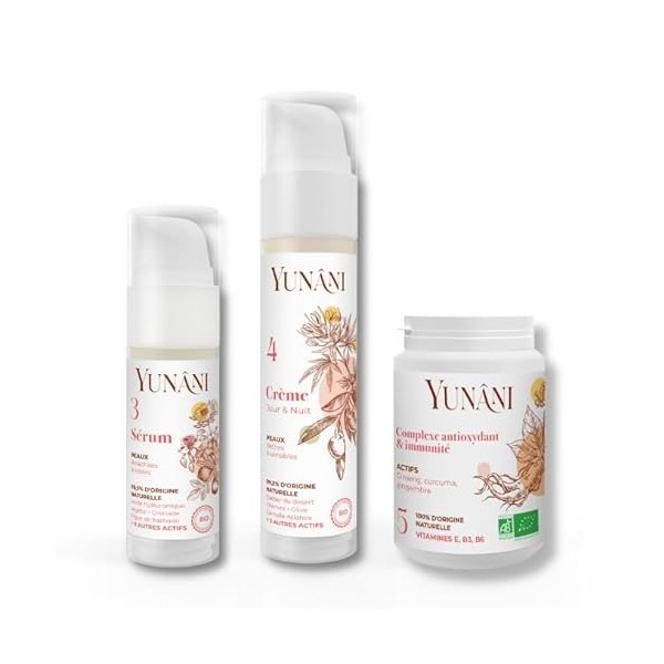 Yunâni- ROUTINE VISAGE- TRIO DE SOINS IN&OUT - Sérum anti-âge - crème hydratante-compléments alimentaires- certifié biologiqu