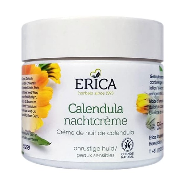 Erica - Crème de Nuit au Calendula Huiles Nourrissantes, Beurre de Karité et Extrait de Calendula - 55 millilitres