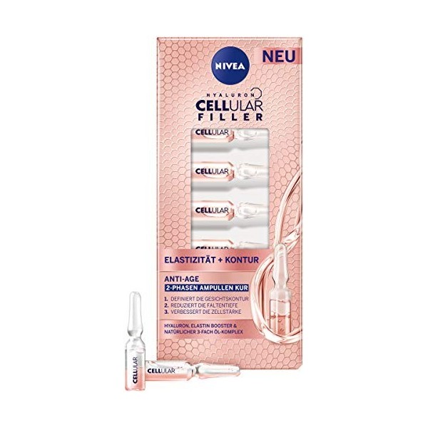 NIVEA Cellular Elasticité + Contour 2 phases Ampoules Cure 7 x 1,2 ml , Traitement du visage avec Hyaluron et Elastin Booste