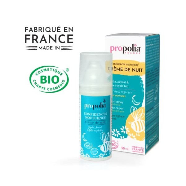 PROPOLIA - Bio - Crème de Nuit hydratante visage - Peaux normales - Gelée Royale / Jojoba / Argan / Avocat / Cire dabeille -