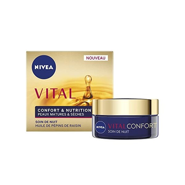 NIVEA Vital Soin de Nuit Confort & Nutrition 1 x 50 ml , crème anti-âge enrichie en Huile de Pépins de Raisin, soin visage f