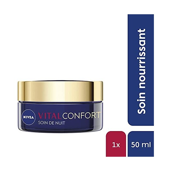 NIVEA Vital Soin de Nuit Confort & Nutrition 1 x 50 ml , crème anti-âge enrichie en Huile de Pépins de Raisin, soin visage f