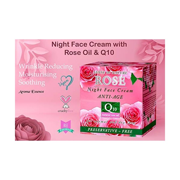 Crème Visage Nuit Anti-Rides au Coenzyme Q10, Huile de Rose Naturelle, Vitamine E et Glycérine Végétale 50ml, Crème Visage An