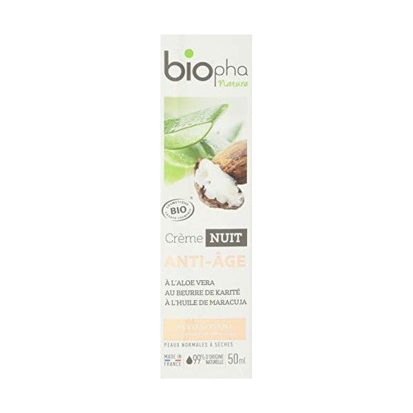 Biopha Nature – Crème Nuit Anti Âge Certifiée Biologique – Aloe Vera, Huile de Maracuja & Beurre de Karité – Raffermit et Nou