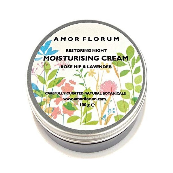 99% Naturel CRÈME DE NUIT RÉPARATRICE - Èglantier et Lavande - 100 g - par AMOR FLORUM. Crème Hydratante Naturelle pour Visag