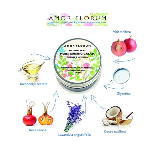 99% Naturel CRÈME DE NUIT RÉPARATRICE - Èglantier et Lavande - 100 g - par AMOR FLORUM. Crème Hydratante Naturelle pour Visag