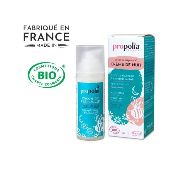 PROPOLIA - Bio - Crème de Nuit hydratante Visage - Peaux Sèches et Sensibles - Gelée royale / Jojoba / Karité / Baobab / Gins