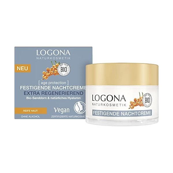 LOGONA Naturkosmetik Crème de nuit anti-âge régénérante pour le visage avec formule végétalienne, avec argousier bio et hyalu