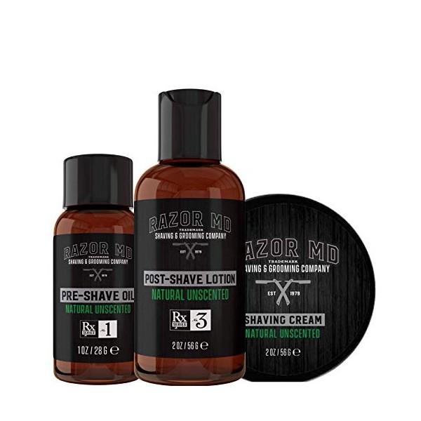 Razor MD Natural Unscented Travel Trio with Pre Shave Oil 1oz, Shave Cream 2oz and Post Shave Lotion 2oz, for All Skin Types