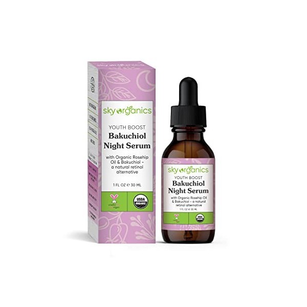 Sky Organics Youth Boost Bakuchiol Night Sérum For Face USDA certifié biologique pour nourrir, Smooth & Boost Glow, 1 FL. Oz