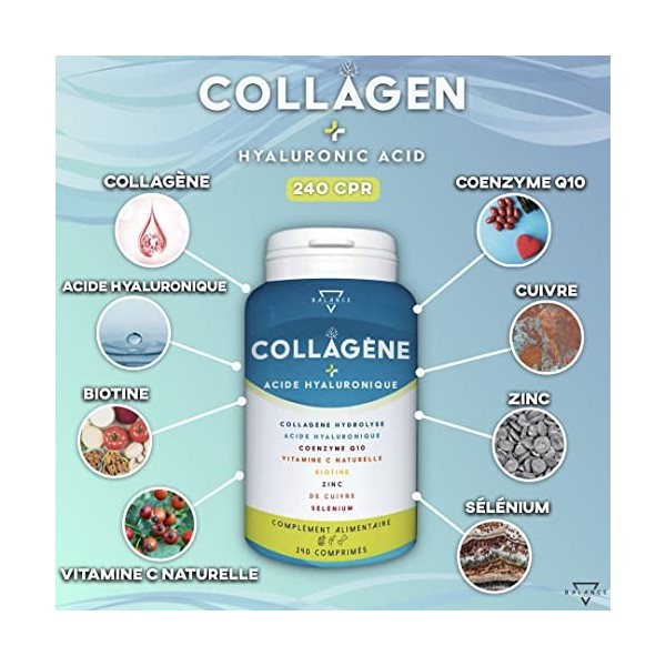 COLLAGENE HYDROLISE 2000MG - 240 COMPRIMÉS | Collagene et Acide Hyaluronique | Collagène, Acide Hyaluronique, Coenzyme Q10, V