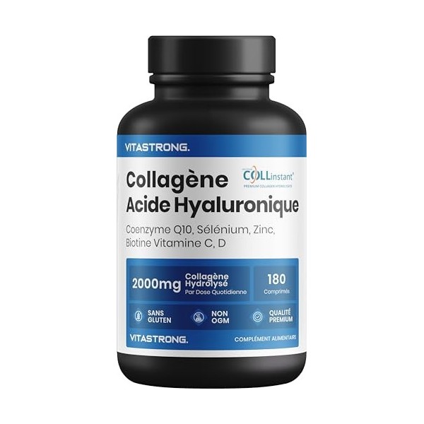COLLAGENE et ACIDE HYALURONIQUE Vitastrong - 2000mg Collagène COLLinstant® avec Biotine, Coenzyme Q10, Zinc, Sélénium, Vitami