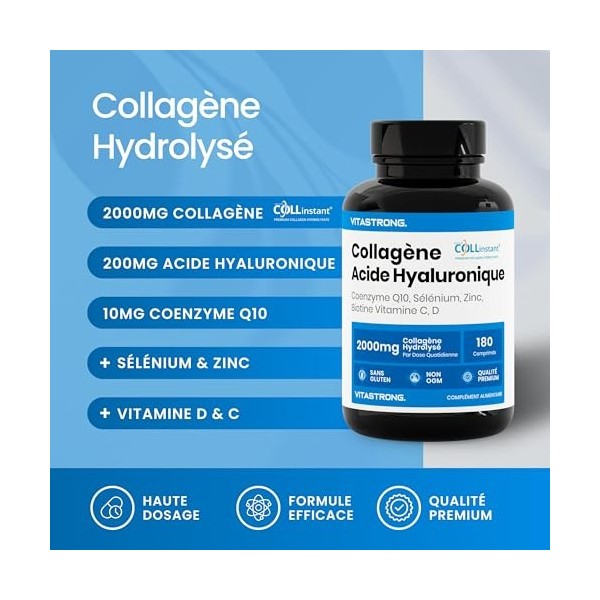 COLLAGENE et ACIDE HYALURONIQUE Vitastrong - 2000mg Collagène COLLinstant® avec Biotine, Coenzyme Q10, Zinc, Sélénium, Vitami