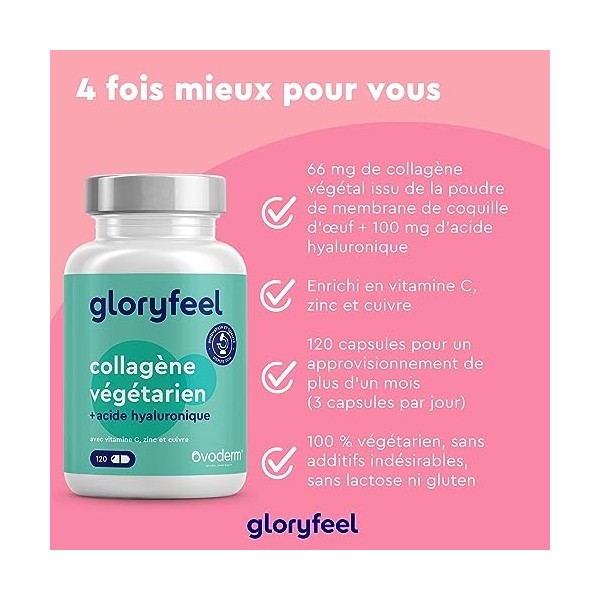 Collagène Végétarien + Acide Hyaluronique, Zinc, Vitamine C et Cuivre 120 Capsules , Ingrédient Premium Breveté Ovoderm®, So