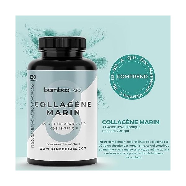 Bamboo Labs - Collagène Marin Hydrolysé Pur + Acide Hyaluronique + Coenzyme Q10-120 Gélules - Enrichi en Magnésium, Zinc, Vit