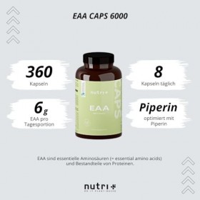 EAA gelules vegan & hautement dosées - 360 Mega Caps à 750mg - 8 acides aminés essentiels - EAAs 6000 Essential Amino Acids 