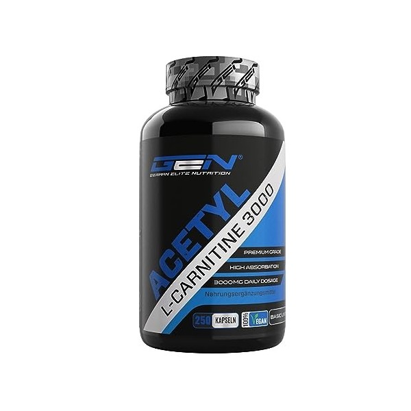 Acetyl L-Carnitine 3000 avec 250 gélules - 3000 mg par portion quotidienne - Premium : L-Carnitine sous forme dacétyle - hau