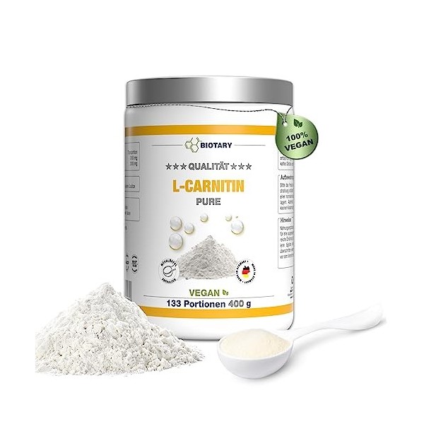 L-Carnitine Pure 400 g | poudre pure sans additifs | 133 portions 3000 mg de poudre de carnitine | 100% tartrate de L-carniti