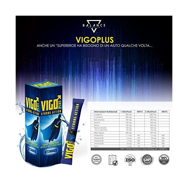 VIGOPLUS® - 10 STICKPACKS BLEUS | Supplément pour hommes pour maximiser la force et lendurance | 12 Actifs avec Maca, Argini