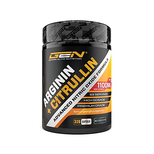 L-Arginine + L-Citrulline - 320 gélules - 1100 mg par gélule - Citrulline + Arginine Base en ratio 1:1 - Acides aminés de qua