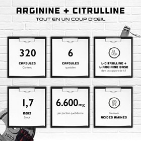 L-Arginine + L-Citrulline - 320 gélules - 1100 mg par gélule - Citrulline + Arginine Base en ratio 1:1 - Acides aminés de qua