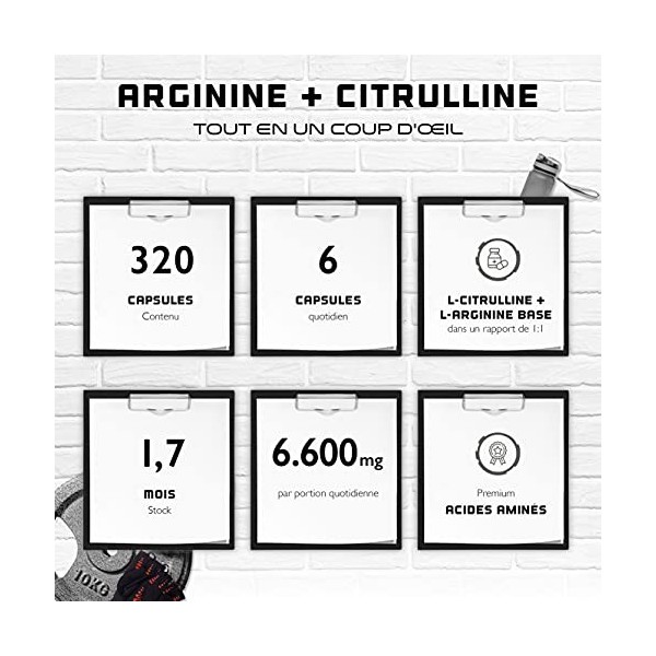 L-Arginine + L-Citrulline - 320 gélules - 1100 mg par gélule - Citrulline + Arginine Base en ratio 1:1 - Acides aminés de qua