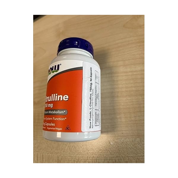 Now Foods, L-Citrulline, 750mg, 90 Capsules végétaliennes, Acide Aminé, Testé en Laboratoire, Sans Gluten, Sans Soja, Sans OG