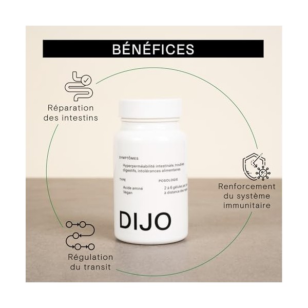 DIJO - L-Glutamine - Acide Aminé Renforce la Paroi Intestinale - Made in France Vegan Gluten Free Sans Lactose - 60 Gélules C