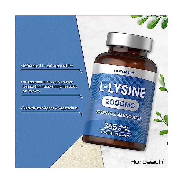 L Lysine Acide Aminé 2000 mg | 365 comprimés végétaliens | Supplément de lysine aux acides aminés essentiels | par Horbach