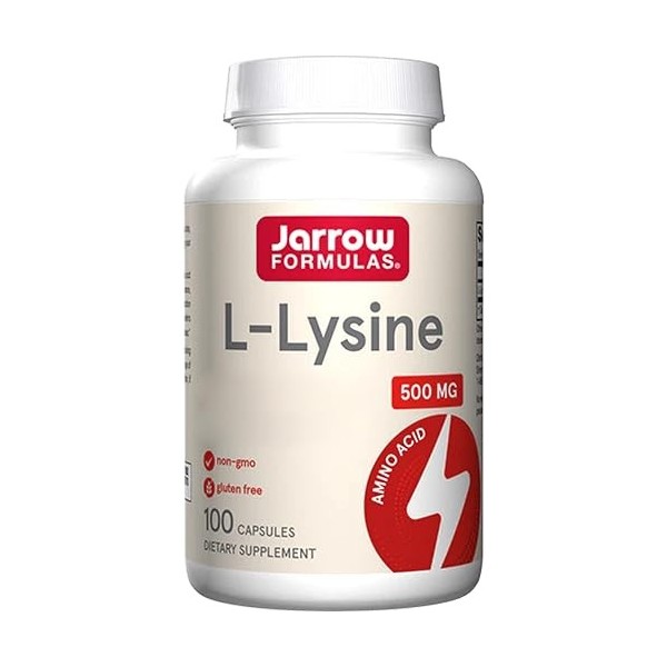 Jarrow Formulas, L-Lysine, 500mg, Haute Dosé, Acide Aminé, 100 Capsules, Testé en Laboratoire, Sans Gluten, Sans Soja, Sans O