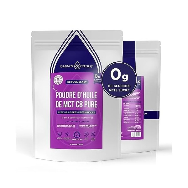 Clean & Pure Poudre dhuile MCT C8 Premium avec fibres prébiotiques, énergie instantanée en cétones pour le corps et le cerve