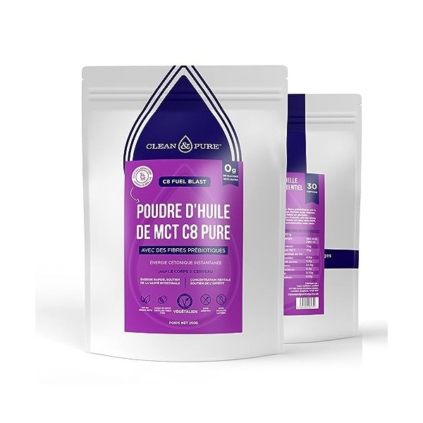 Clean & Pure Poudre dhuile MCT C8 Premium avec fibres prébiotiques, énergie instantanée en cétones pour le corps et le cerve