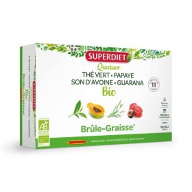 SUPERDIET - QUATUOR BRÛLE-GRAISSE BIO - Minceur -Thé vert, Papaye, Son davoine, Guarana -Fabrication française - 20 ampoules